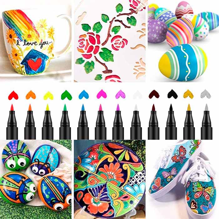 I pennarelli acrilici reggono perfettamente su una varietà di superfici come carta, vetro, pietra, legno, uova, ornamenti, chiodi, ceramica, tessuto, tazze, plastica, argilla, metallo o tela!