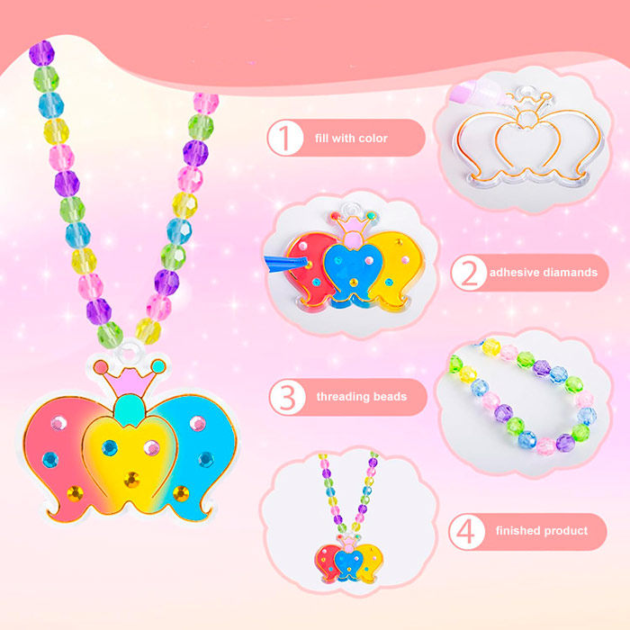 Questo ricco set di pendenti contiene 6 design, 6 colori diversi, 6 catene per pendenti, 1 pinzetta, 1 confezione di diamanti, 1 confezione di perline colorate e 1 corda più lunga!