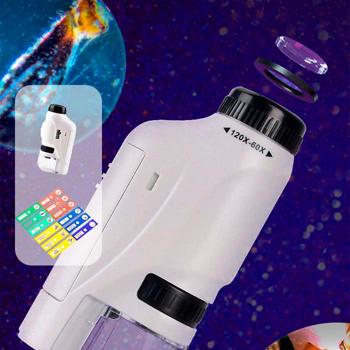 Il Microscopio per Bambini ha una luce LED per una visibilità ancora migliore degli oggetti ingranditi, e nel set ricevi 12 piastre di osservazione!