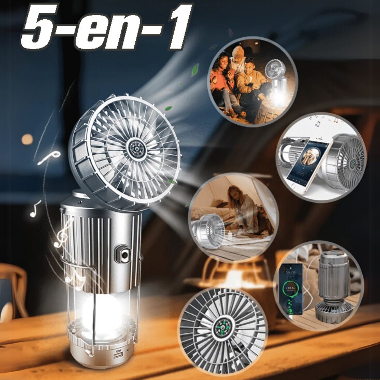 La torcia fornisce una luce potente, il ventilatore un piacevole effetto rinfrescante e l'altoparlante un'atmosfera con la tua musica preferita. La bussola ti aiuterà a trovare la tua strada e la batteria ricaricherà il tuo telefono o altro dispositivo.